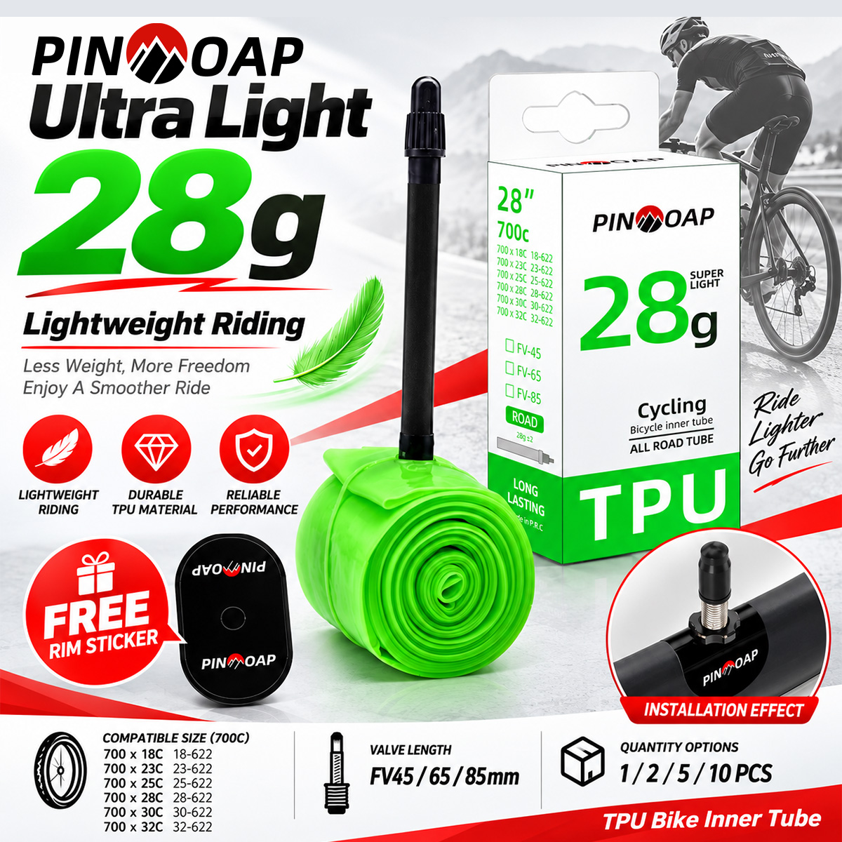 Inner Tube 700C - PINMOAP Leichter TPU-Fahrradschlauch 700C 18-32C Rennradreifenschlauch
