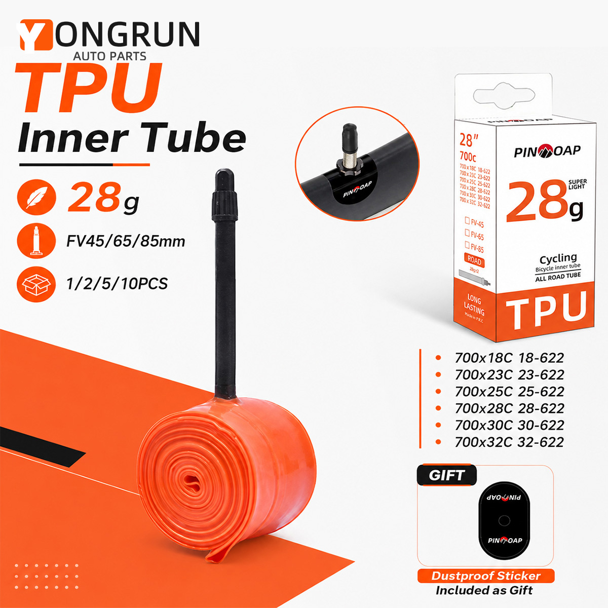 Inner Tube 700C - YONGRUN 700x18/23/25/28/30/32C FV45/65/85mm Ultraleichter TPU Fahrradschlauch